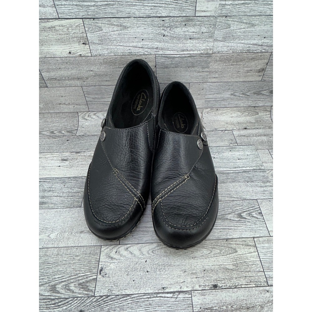 Clarks Bendables Black Leather Slip‎ On Loafers Buttons 63064 Women Sz 10M